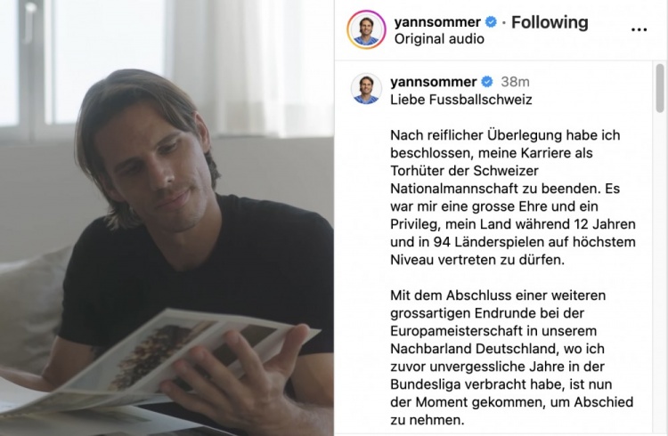 索默告别瑞士国家队:为国效力12年是荣幸与特权,美好回忆永难忘